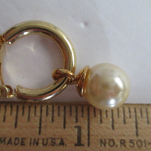 Clip On Hoop Huggie Earrings with Faux Pearl Dangle Charm Gold Tone Metal - Picture 11 of 11